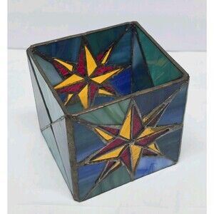 Vintage Stained Glass Northern Star Celestial Candle Shade Blue Green Yellow Red